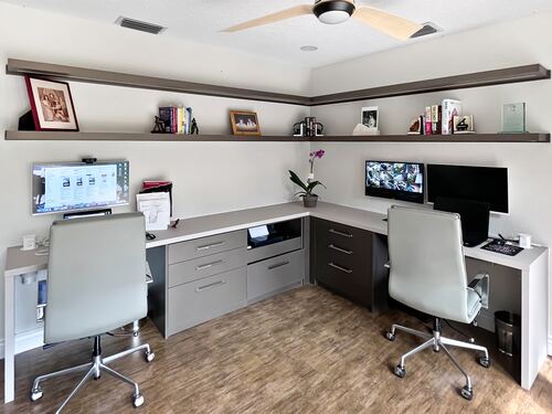 Custom home office cabinetry and built-in desk